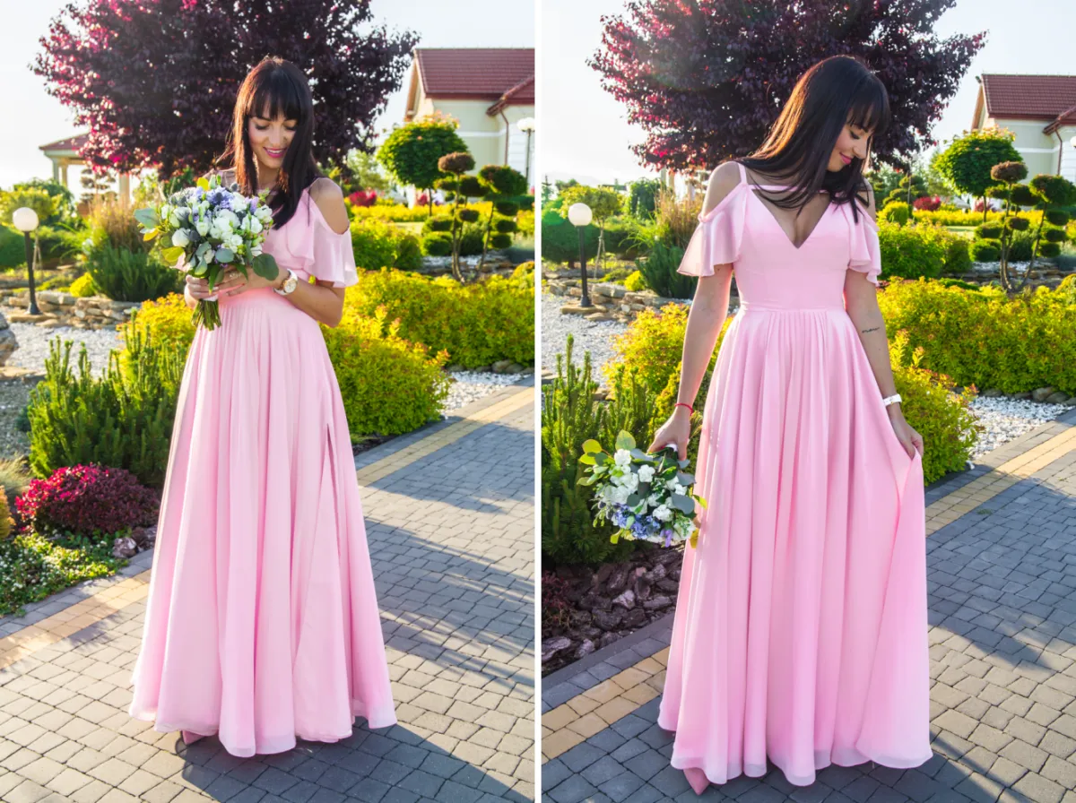 Urocza świadkowa stylizacja w pastelowej sukience i bukietem kwiat&oacute;w. Idealna na letnie przyjęcie.