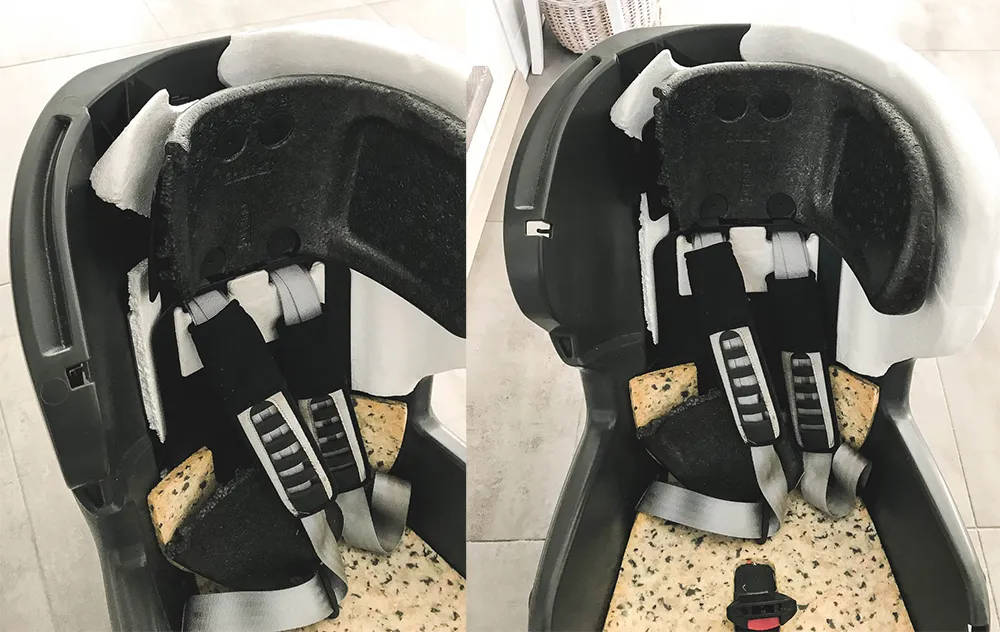 uszkodzony styropian fotelik samochodowy
