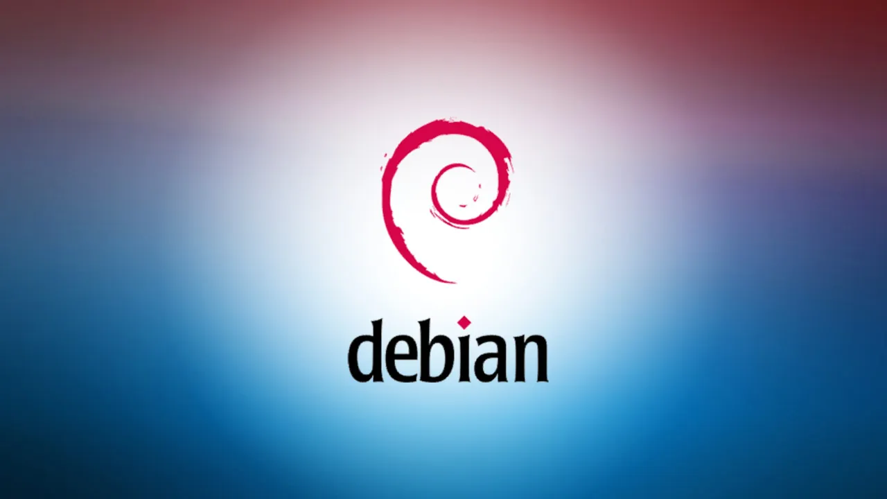 Logo Debian 10 na tle gradientowym. Czerwona spirala i napis 