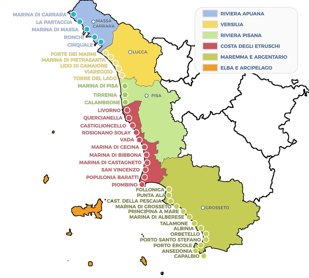 Mappa delle località balneari della Toscana