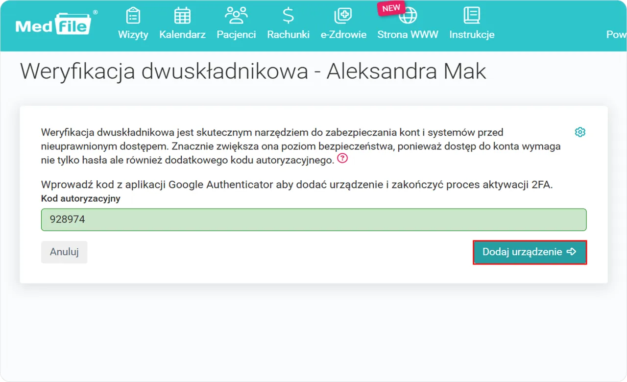 Weryfikacja dwuskładnikowa (kod 2FA) dla Aleksandry Mak. Wprowadź kod z aplikacji Google Authenticator, by dodać urządzenie.