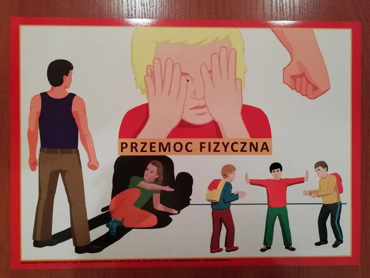 Ilustracja pokazuje, co to jest bullying w szkole: przemoc fizyczna, gdzie jeden uczeń jest agresorem, a drugi ofiarą.