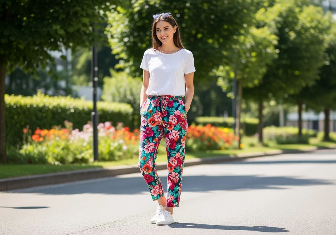 Stylizacje spodnie w kwiaty na co dzień z butami sportowymi