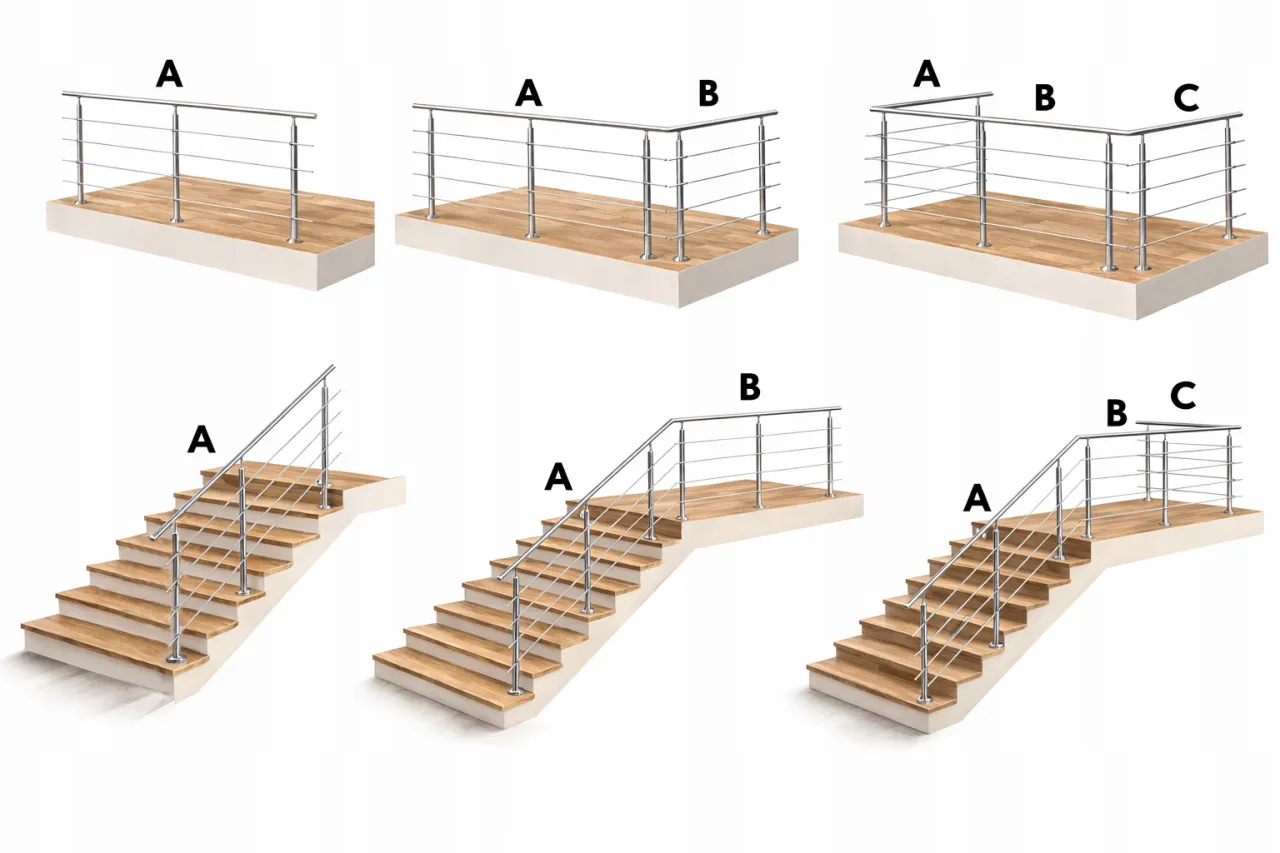 Przykłady montażu barierek na schodach i tarasie. Różne konfiguracje balustrad ze stali nierdzewnej.