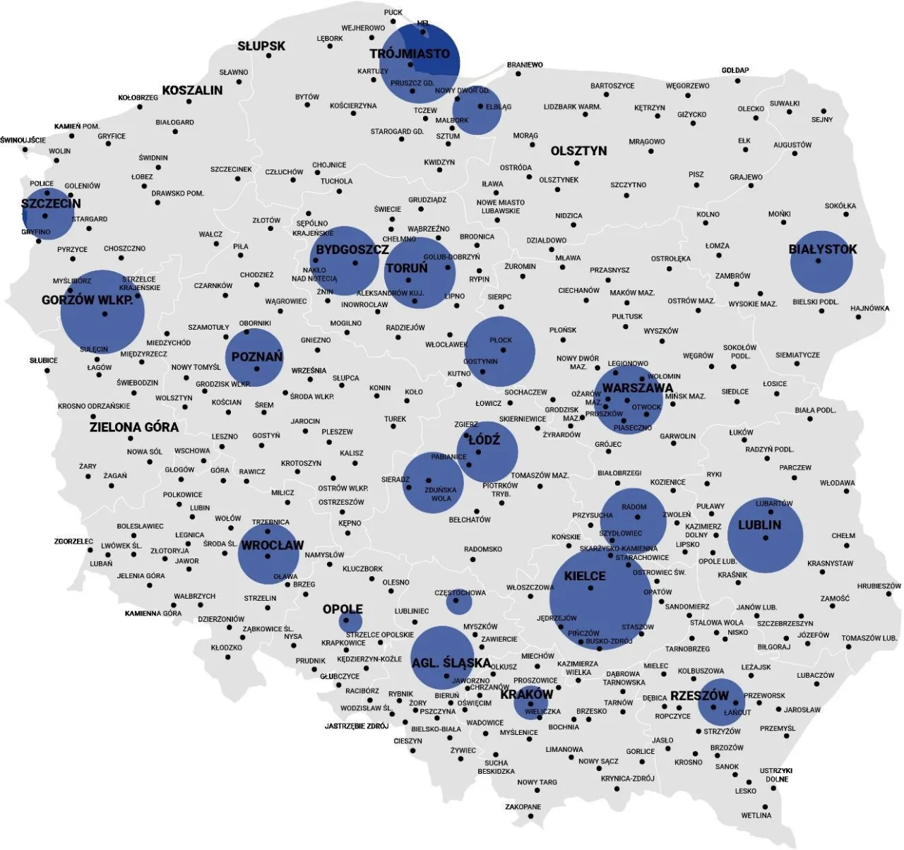 Częstotliwości radiowe TOK FM mapa Polska