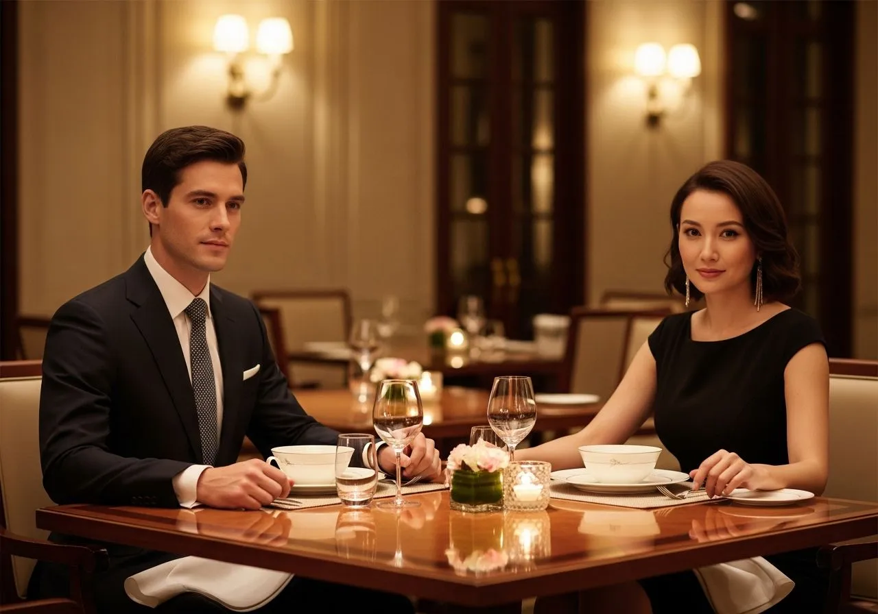 elegancka para na kolacji w restauracji hotelowej