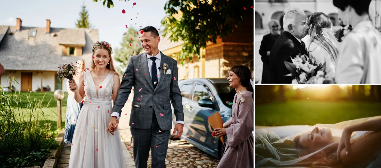 Para młoda oglądająca pełny reportaż ślubny fotografa