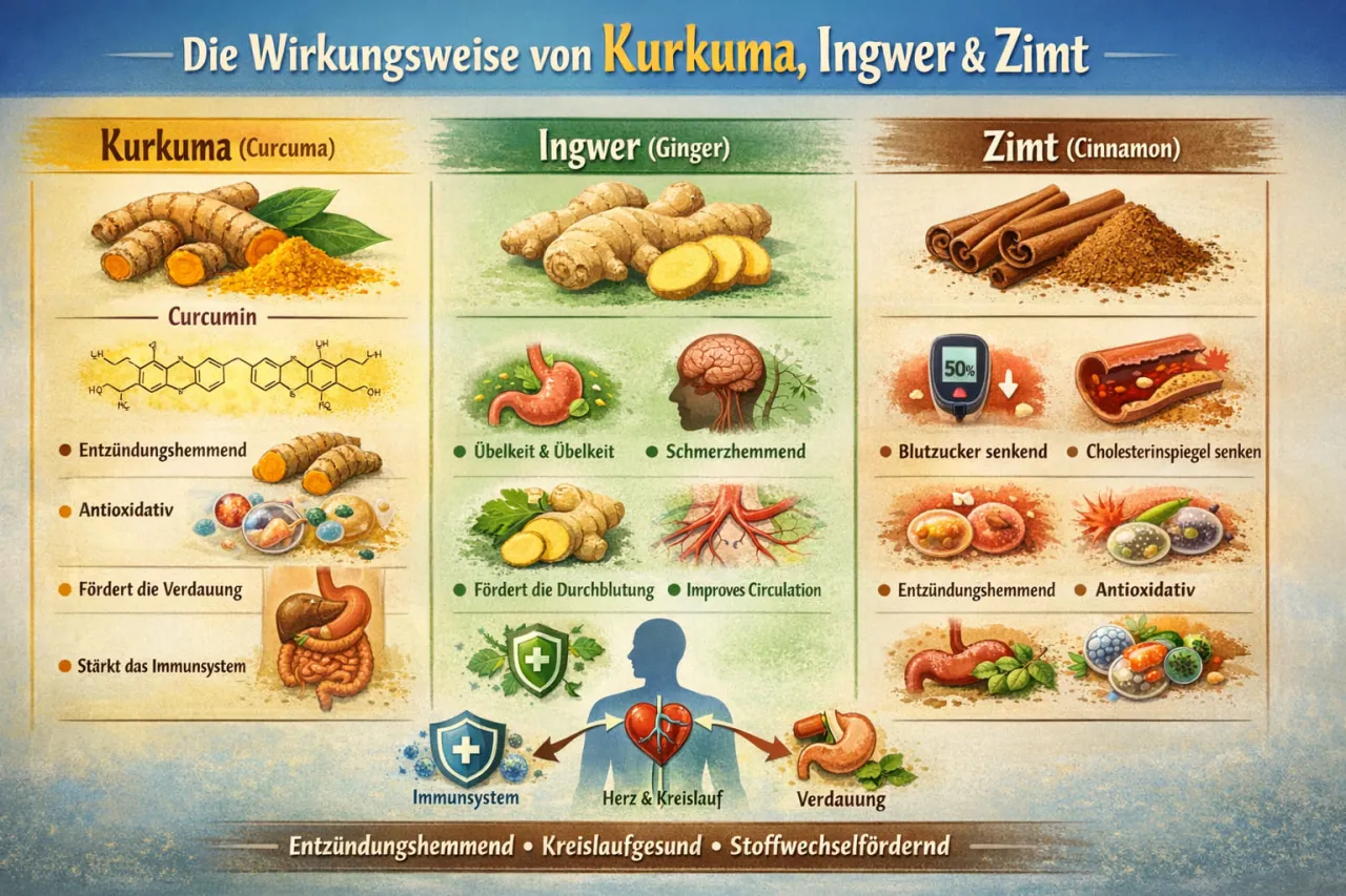 Verschiedene entzündungshemmende Gewürze wie Kurkuma, Ingwer, Zimt, Chili
