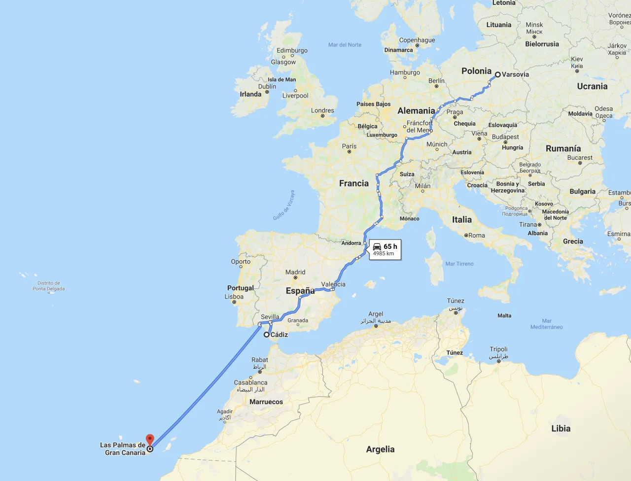 Mapa Wysp Kanaryjskich, Afryki, Hiszpanii i Polski