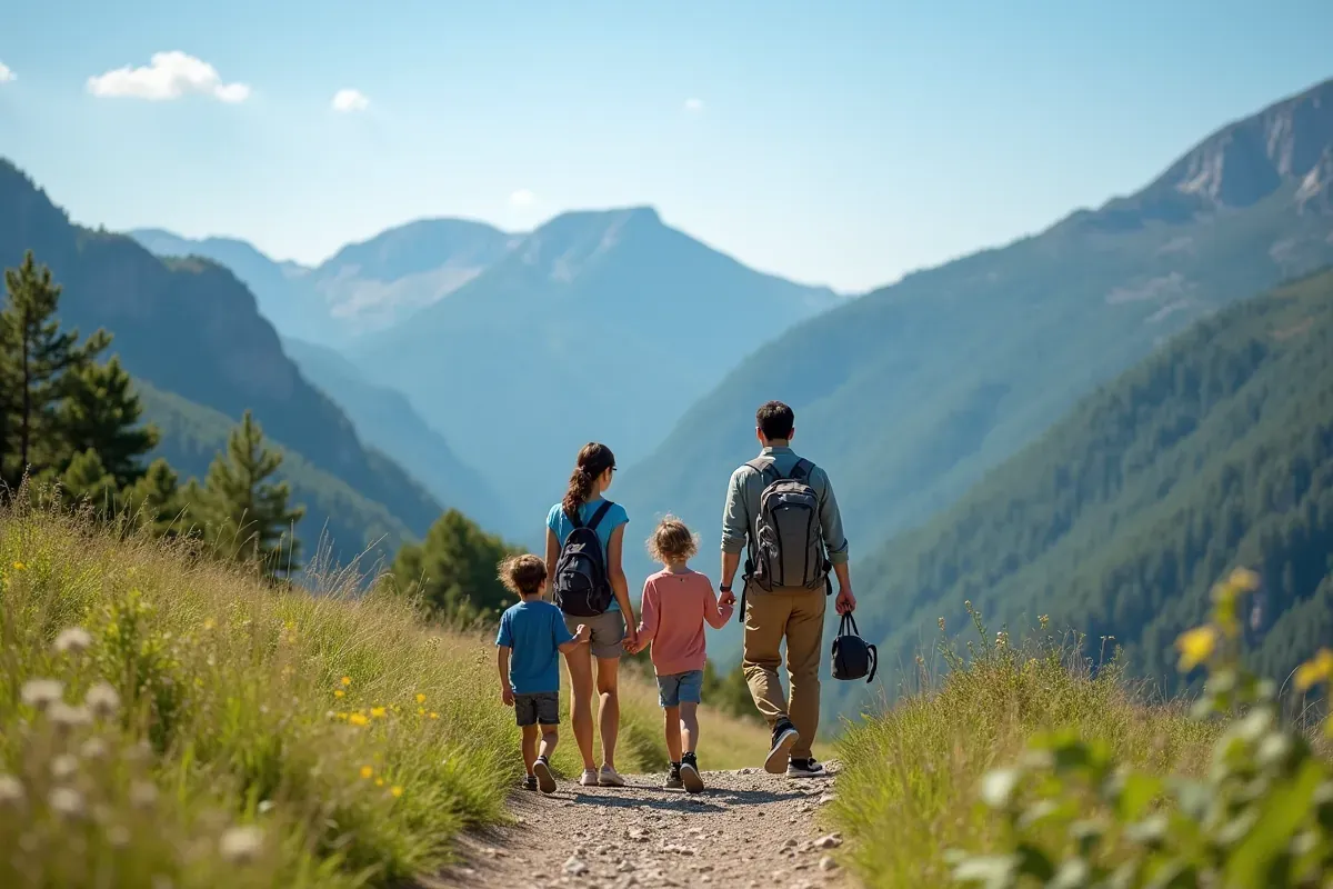 Rodzina planująca wyjazd w góry z mapą