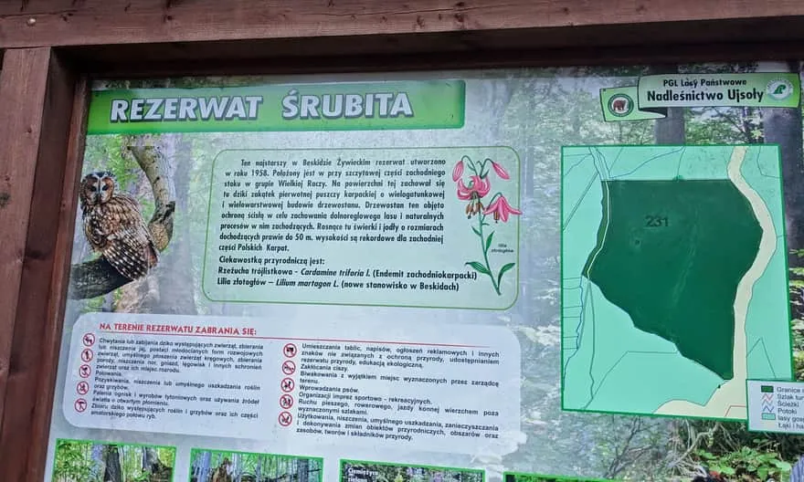 Mapa szlak&oacute;w Rezerwat Śrubita Beskid Żywiecki