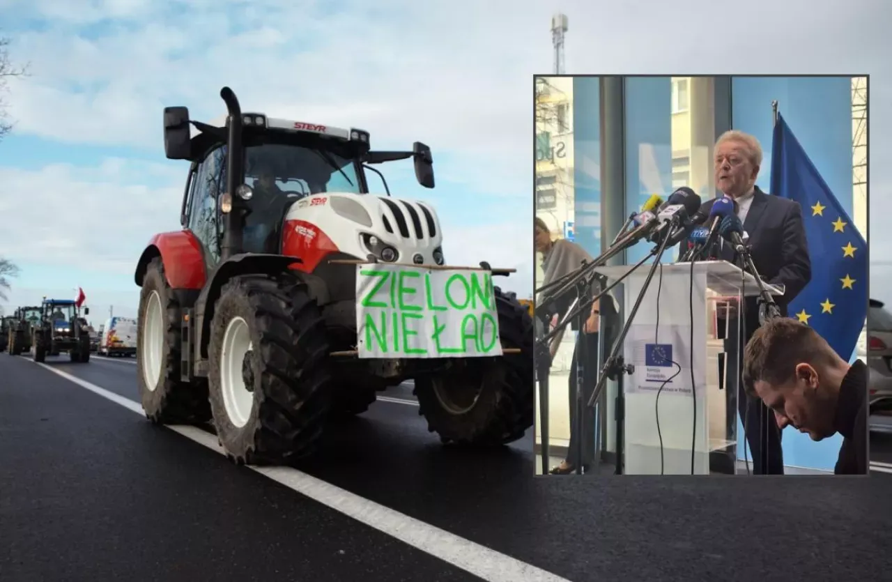 Rolnicy protestują przeciwko Zielonemu Ładowi, który ich zdaniem jest niekorzystny. Traktor z transparentem 