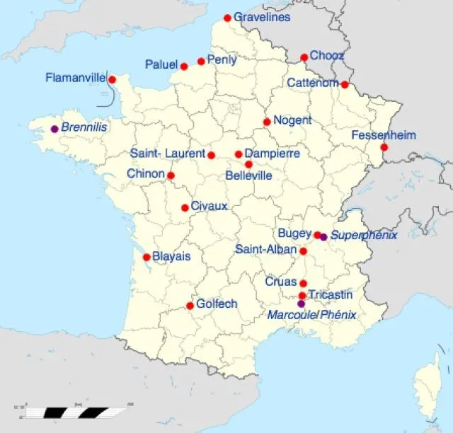 Mapa elektrowni jądrowych we Francji