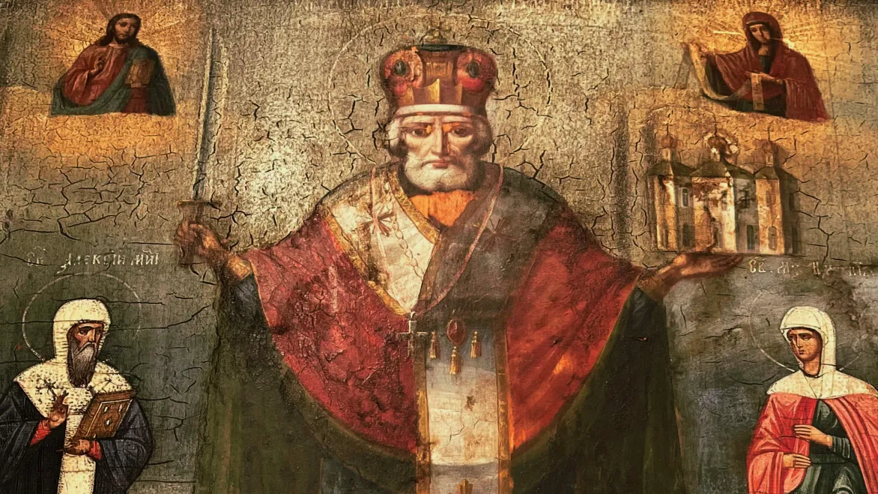 Ikona przedstawia św. Mikołaja w koronie, z mieczem i kościołem. Wok&oacute;ł niego postacie biblijne, jak w baśni o św. Mikołaju.