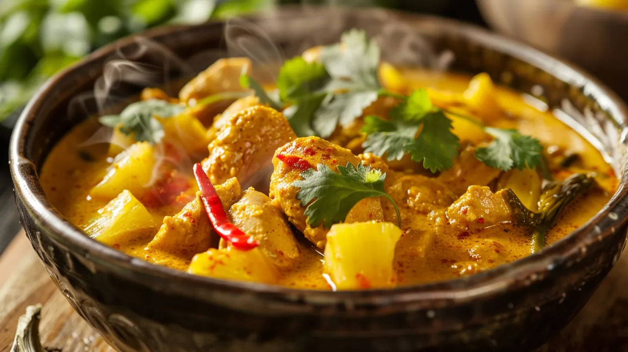 Zdjęcie Kurczak w curry z ananasem, papryką, mlekiem kokosowym i kolendrą
