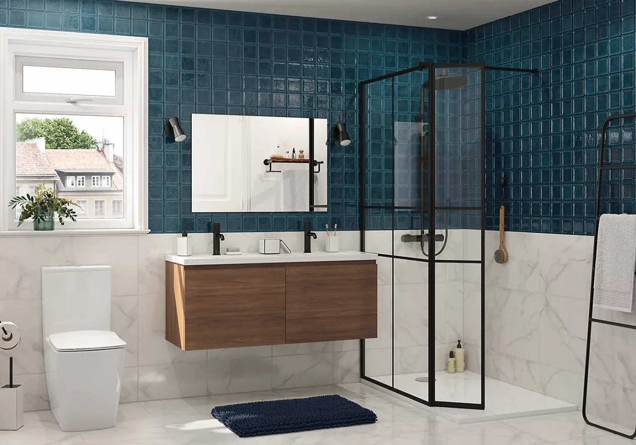 Nowoczesna łazienka z czarną kabiną prysznicową. Szukasz idealnej kabiny prysznicowej? Ta czarna, minimalistyczna opcja może być strzałem w dziesiątkę.