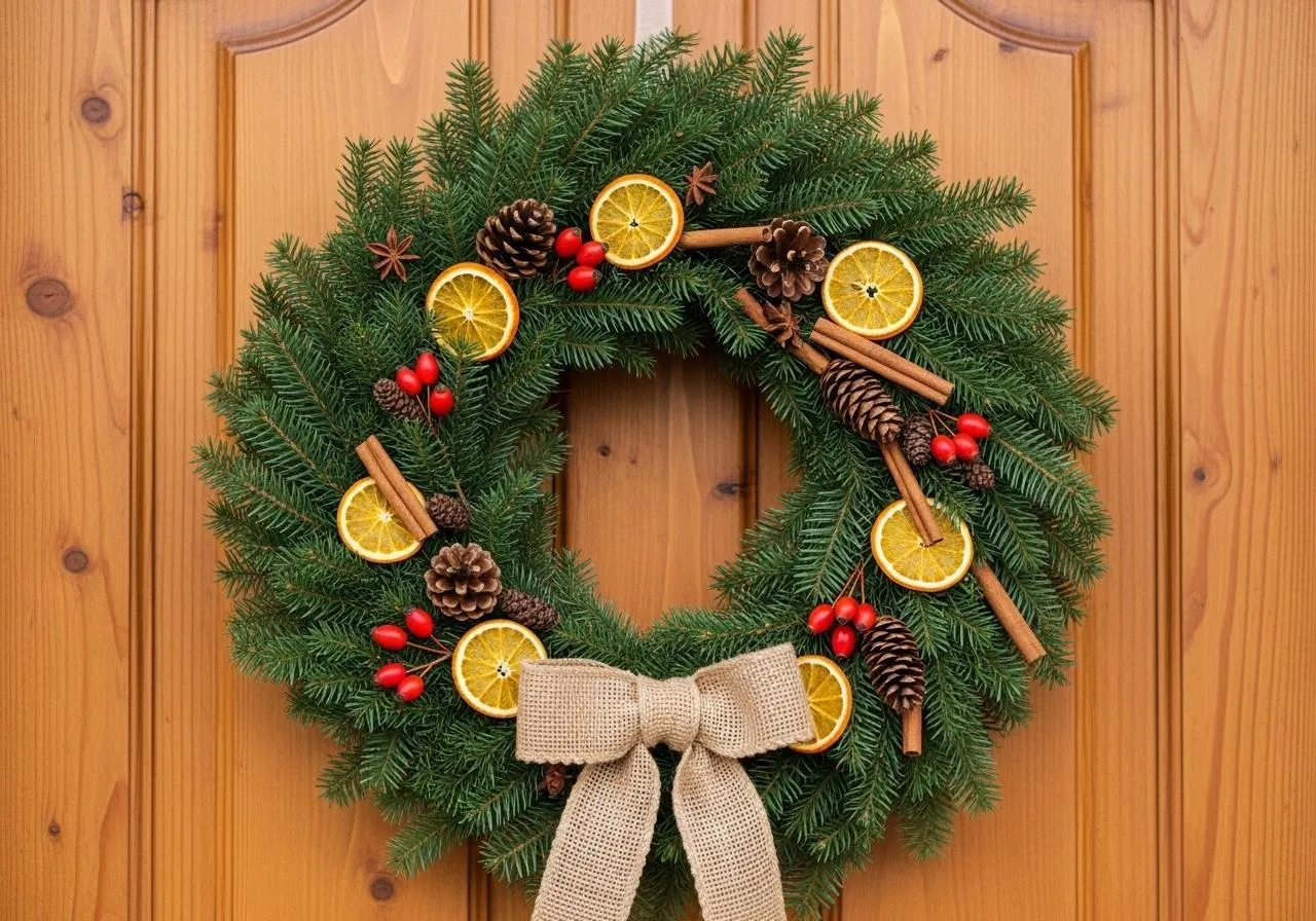 Wianek świąteczny z pomarańczy, szyszek i cynamonu, ozdobiony kokardą, idealny, by pokazać jak zrobić kokardę na drzwi.