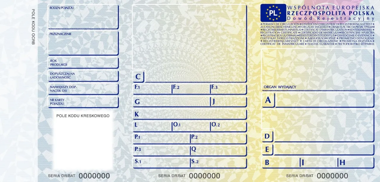 Dokument pojazdu z polami do wpisania danych, w tym numeru VIN, ułatwiającego ustalenie części po nr vin.