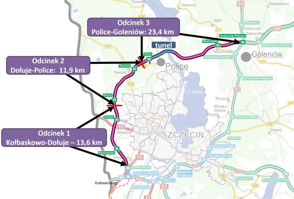 Mapa Zachodnia Obwodnica Szczecina przebieg odcinki