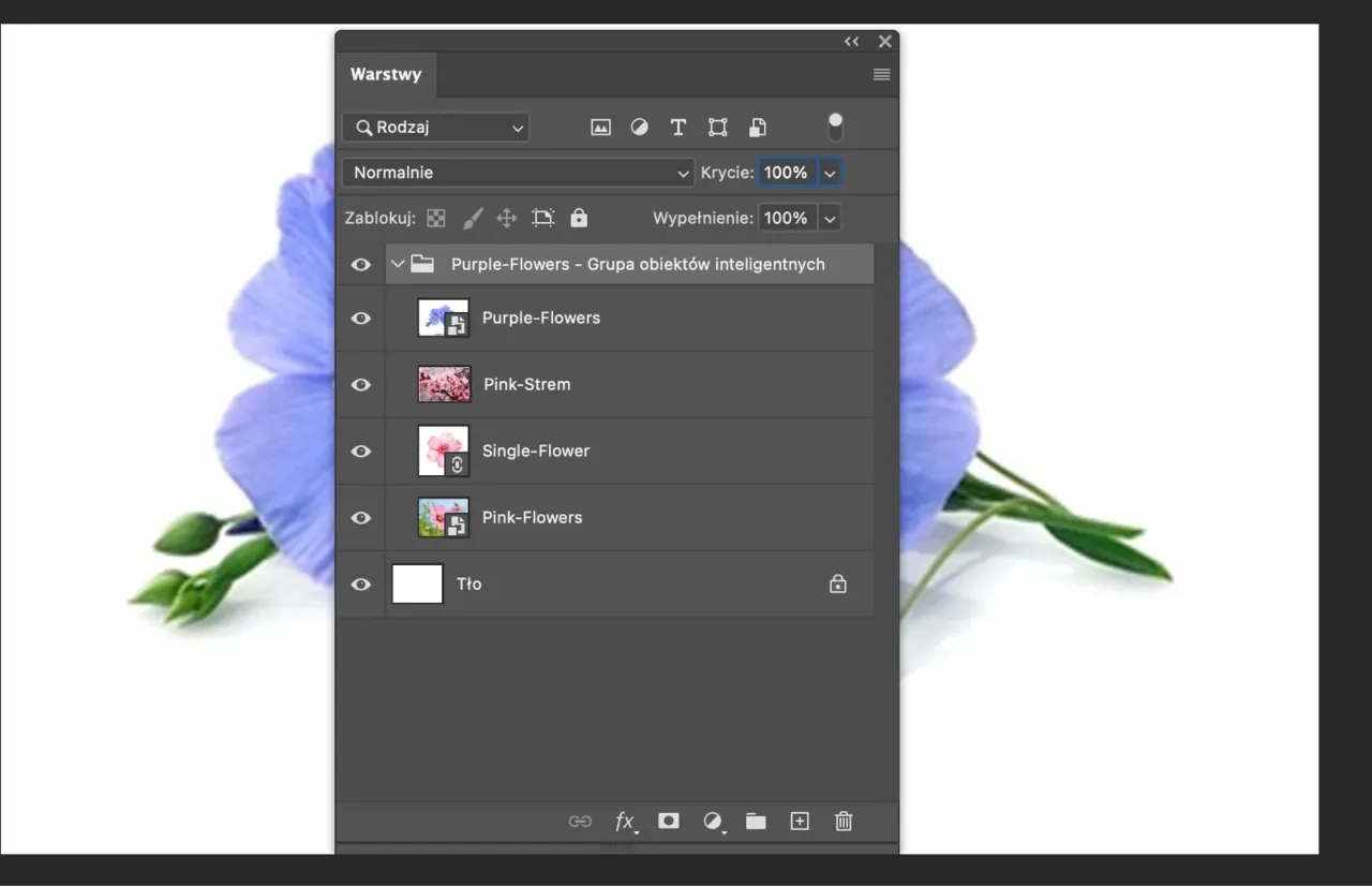 Panel Warstwy w Photoshopie pokazuje, jak połączyć kilka zdjęć w jedno, prezentując warstwy z kwiatami.