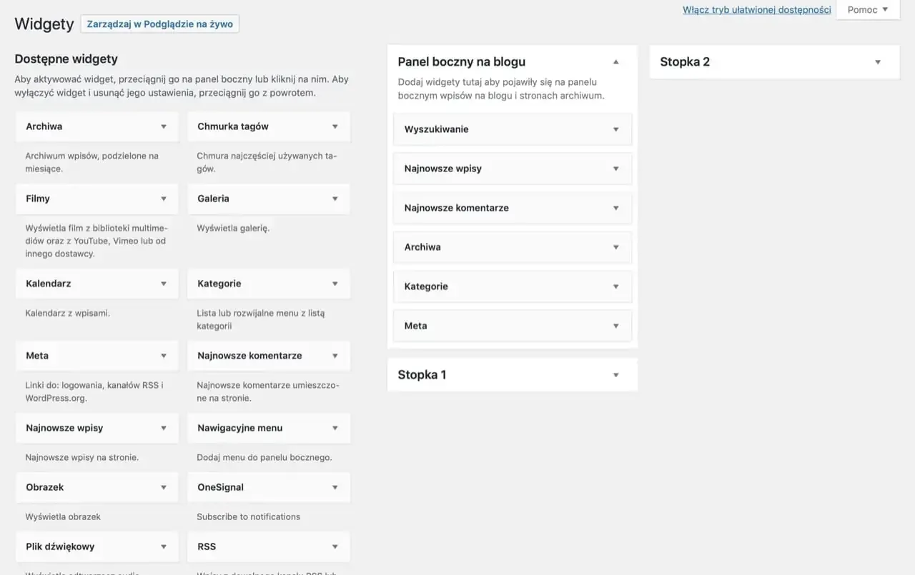 Panel boczny bloga, gdzie założyć blog, pokazuje dostępne widgety do dodania: Archiwa, Chmurka tag&oacute;w, Filmy, Galeria, Kalendarz, Kategorie, Meta, Najnowsze komentarze, Obrazek, Plik dźwiękowy, Nawigacyjne menu, OneSignal, RSS.