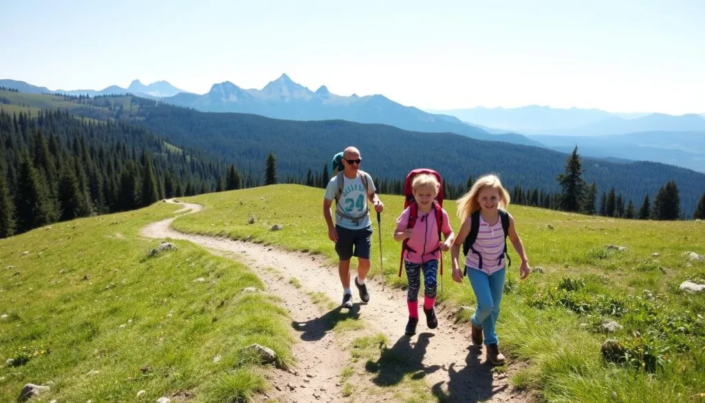 Rodzina z dziećmi na łatwym górskim szlaku w Polsce