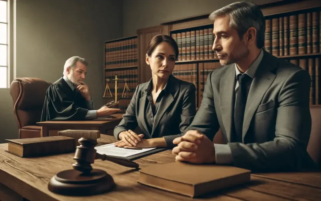 Kobieta z dokumentami prawnymi w sądzie