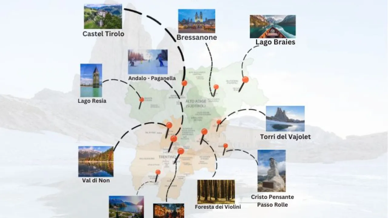 Mappa turistica Trentino Alto Adige con localit&agrave; sciistiche e laghi