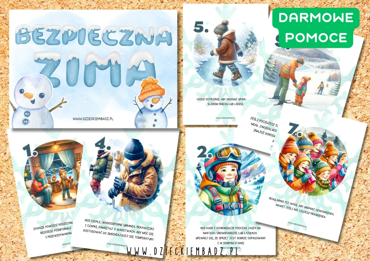 Ilustracje z zasadami bezpieczne ferie: dzieci na nartach, sankach, lodowisku, w domu. Wskaz&oacute;wki dotyczące ubioru i bezpieczeństwa.
