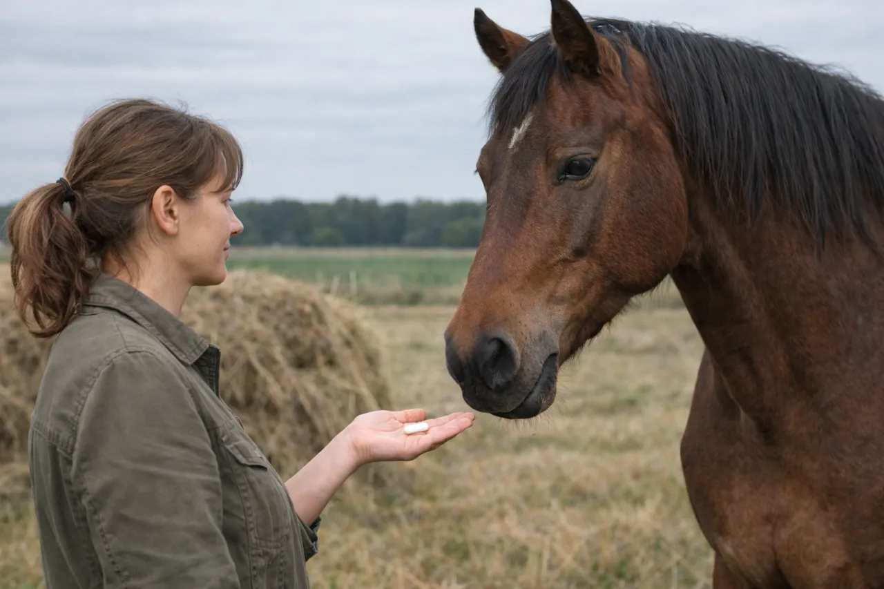 Kobieta podaje koniowi kapsułkę z kolagenem końskim dla ludzi.