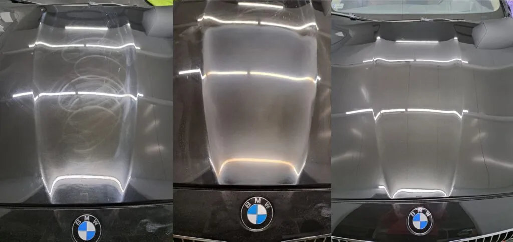 różne etapy polerowania lakieru samochodowego