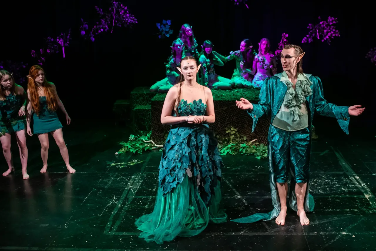 Aktorzy w strojach elf&oacute;w na scenie. Spektakl 