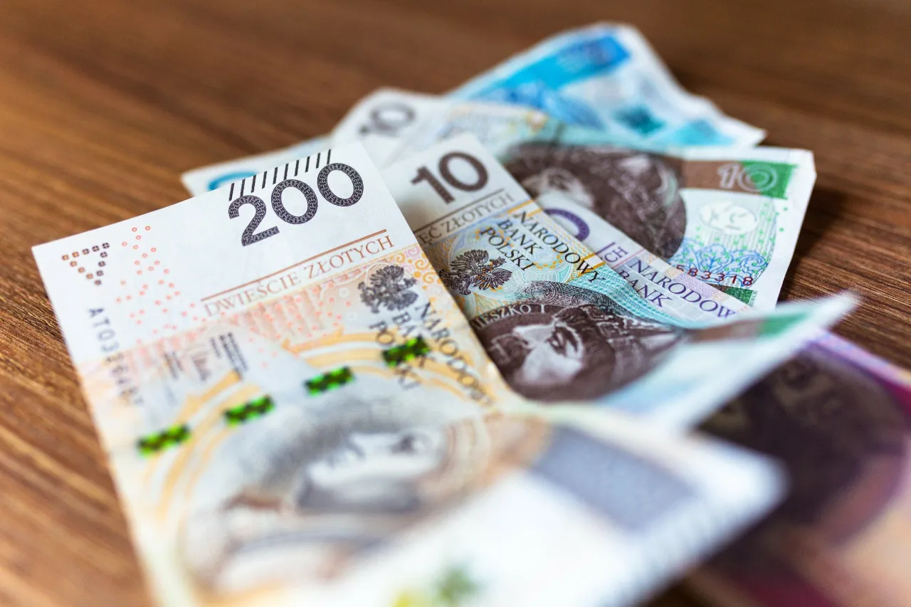 Zasiłek za opiekę nad osobą starszą to wsparcie finansowe. Na zdjęciu polskie banknoty: 200 zł, 10 zł i inne.