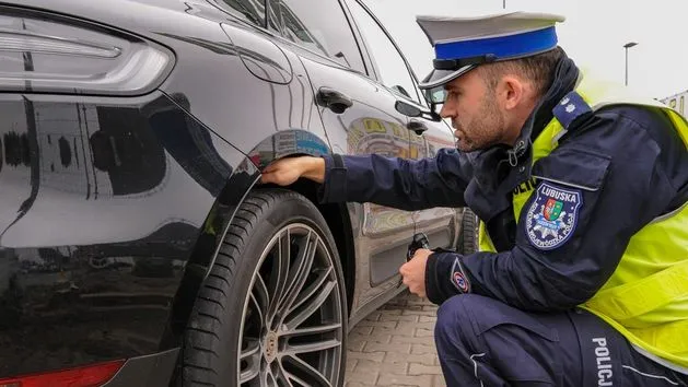 Policjant kontrolujący opony samochodu