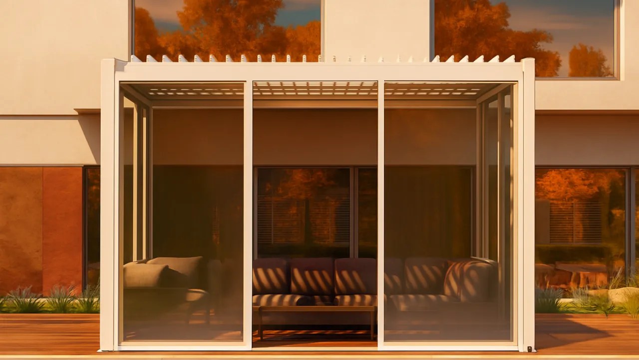 Nowoczesna pergola z przeszkleniami i wygodnymi sofami. Dowiedz się, jak zamontować pergole w ogrodzie, by stworzyć stylową przestrzeń.