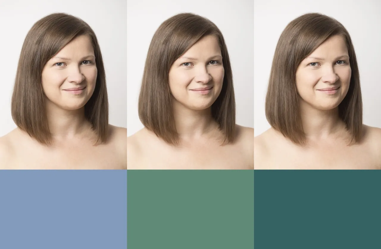 Trzy identyczne portrety kobiety z zgaszone lato włosy, na tle kolorowych pasów.