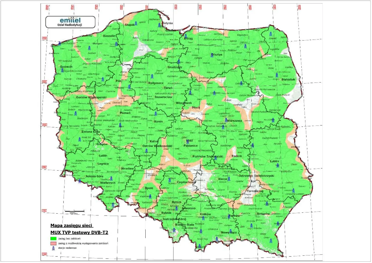 Mapa nadajników Emitel DVB-T2