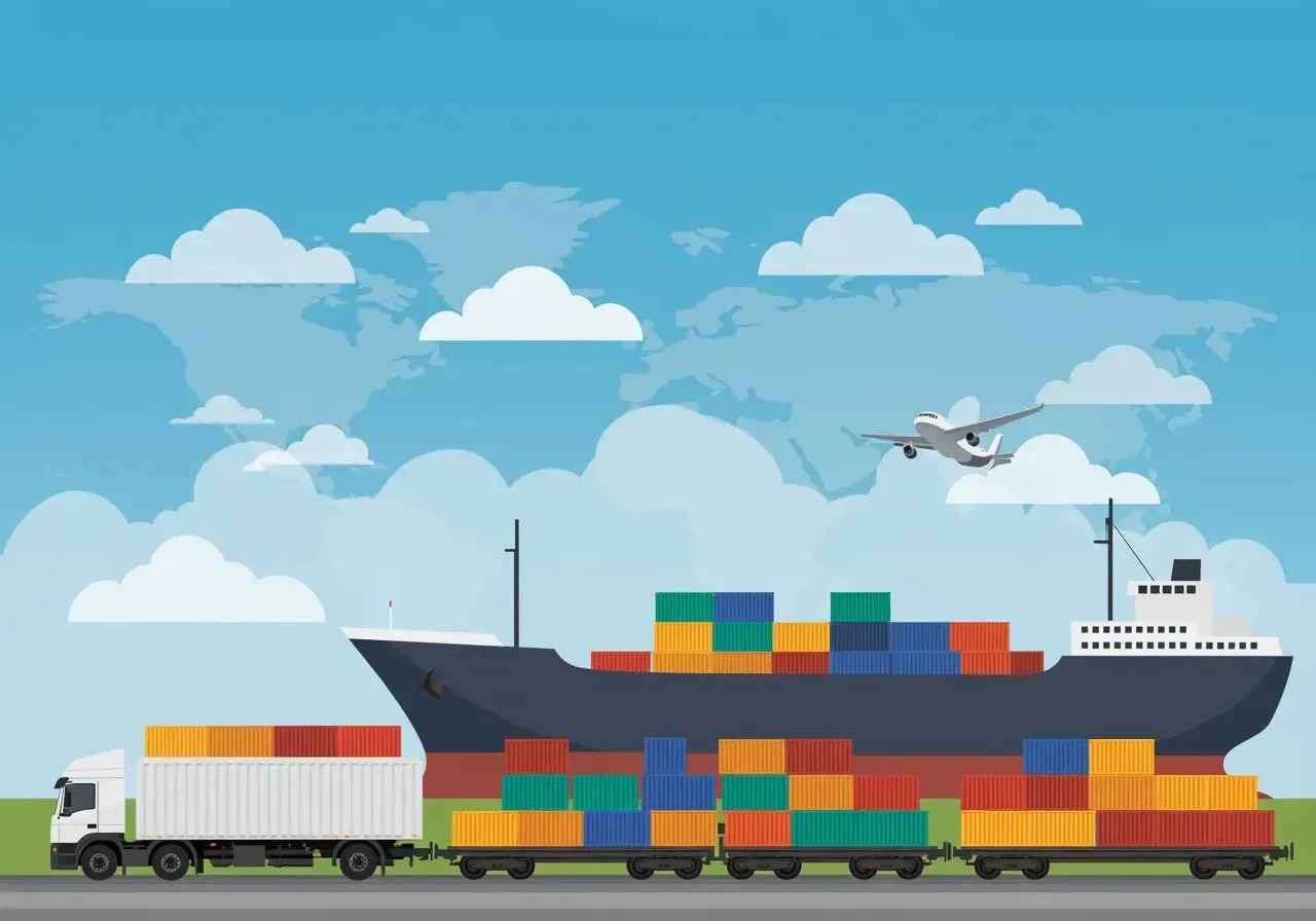 R&oacute;żne rodzaje transportu: ciężar&oacute;wka, statek, samolot, pociąg