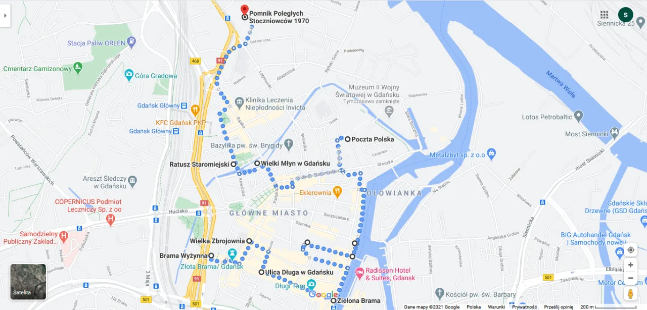 Mapa trasy pieszej Dworzec Gdańsk Główny Starówka