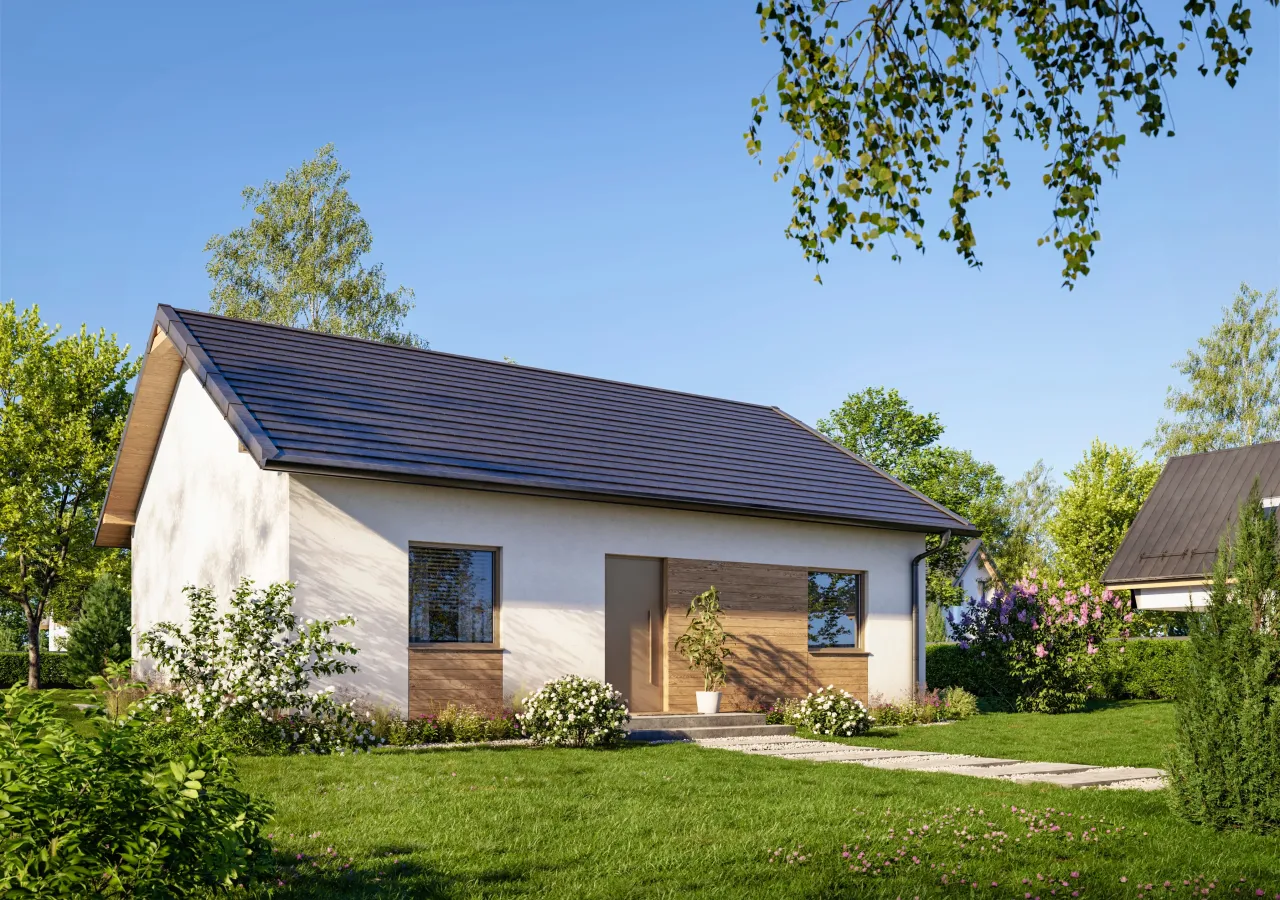 Nowoczesny, mały dom z drewnianymi elementami. Zastanawiasz się, ile kosztuje budowa małego domu z drewna?