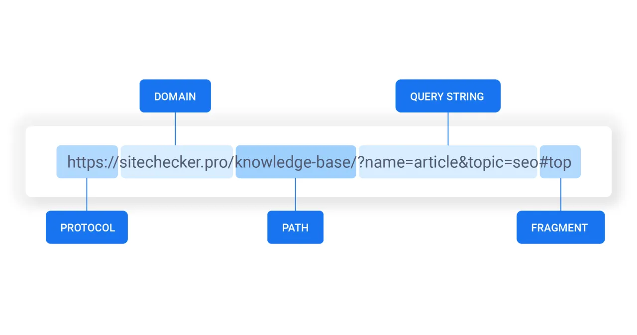 Diagram wyjaśniający, co to URL: protok&oacute;ł, domena, ścieżka, parametry zapytania i fragment.