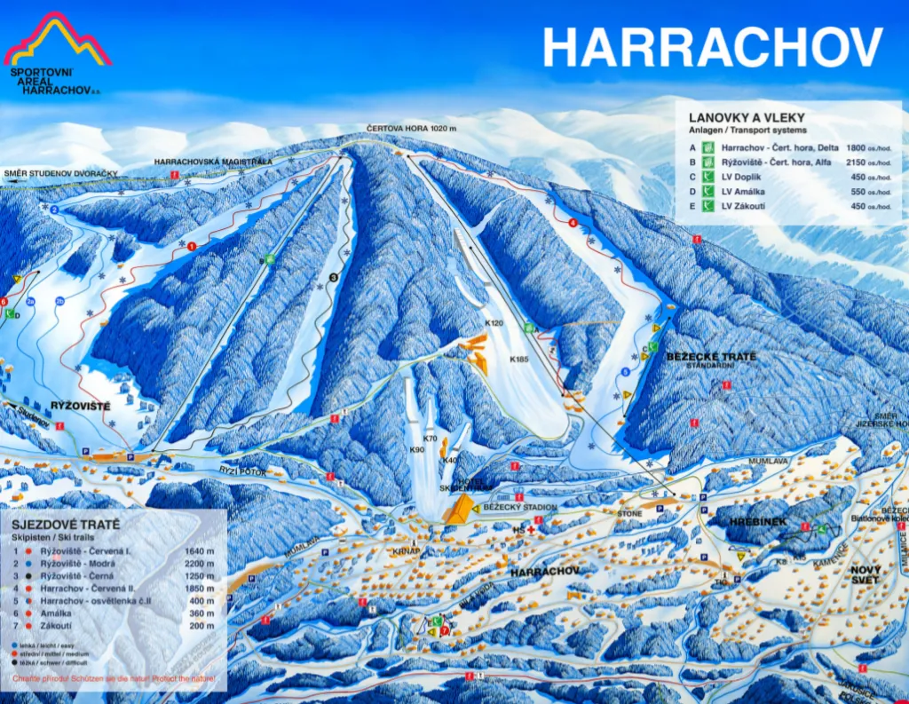 Mapa ośrodk&oacute;w narciarskich Czech blisko granicy