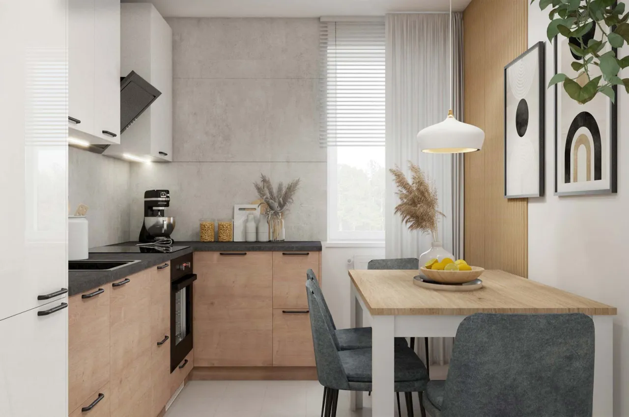 Nowoczesna kuchnia z betonową ścianą nad blatem – świetna alternatywa co na ścianę w kuchni zamiast płytek. Drewniane fronty szafek i minimalistyczne dodatki.