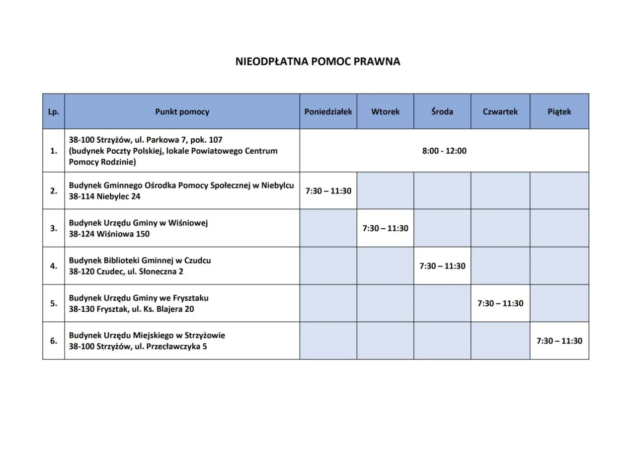 Harmonogram bezpłatnej pomocy prawnej. Dowiedz się, ile kosztuje konsultacja u prawnika w Twojej okolicy.