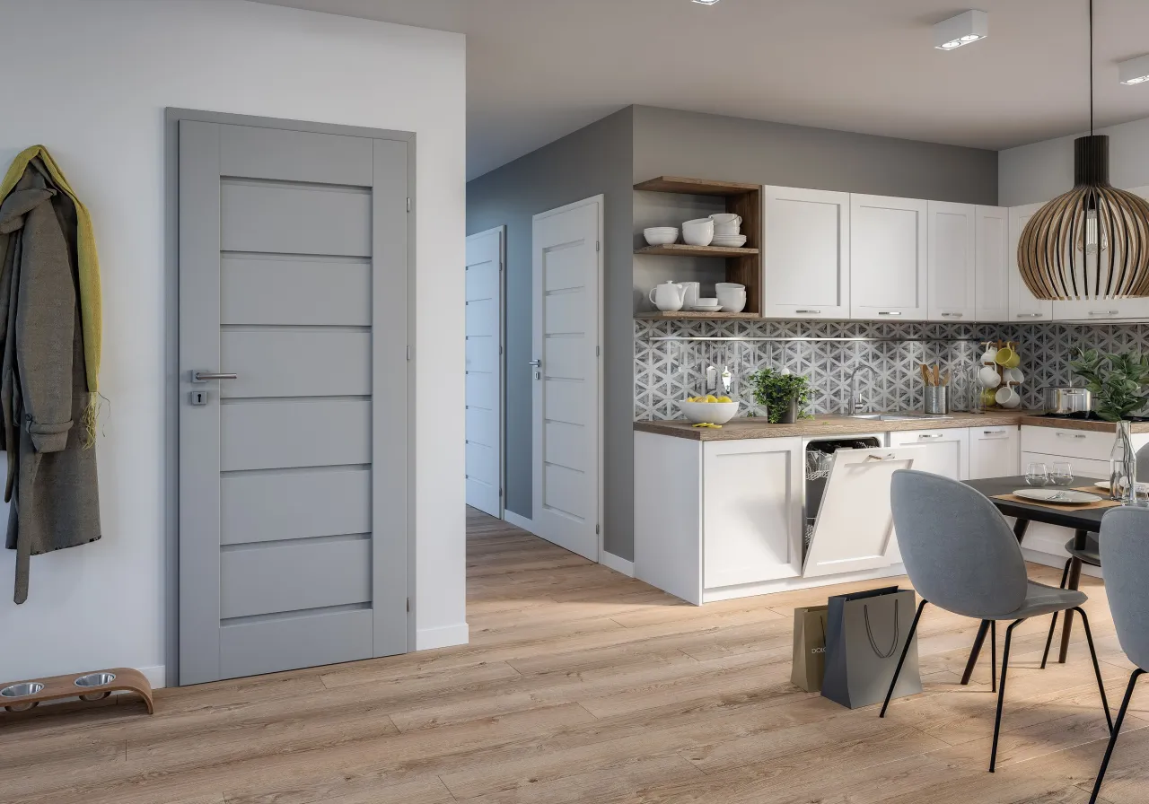 Nowoczesne wnętrze dąb podłoga szare ściany drzwi inspiracje