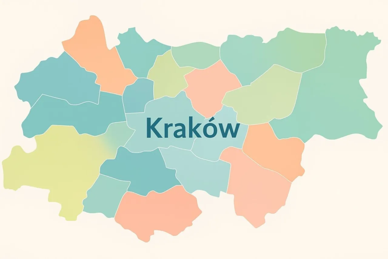 Mapa Krakowa z zaznaczonymi dzielnicami i strefami cenowymi noclegów