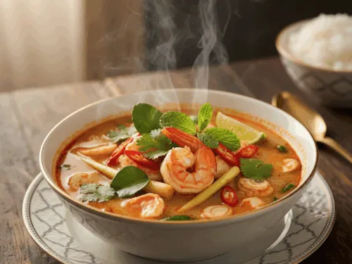 Fertige Tom Yum Goong Suppe in einer Sch&uuml;ssel serviert