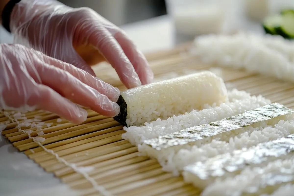 Ręce w rękawiczkach formują ryż na macie bambusowej. Zastanawiasz się, ile octu do sushi? To klucz do idealnego smaku!