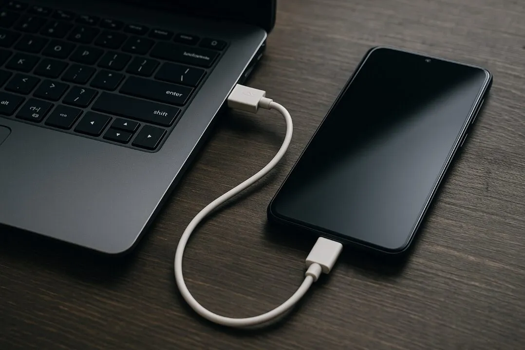 telefon podłączony do komputera kablem USB, antywirus na komputerze