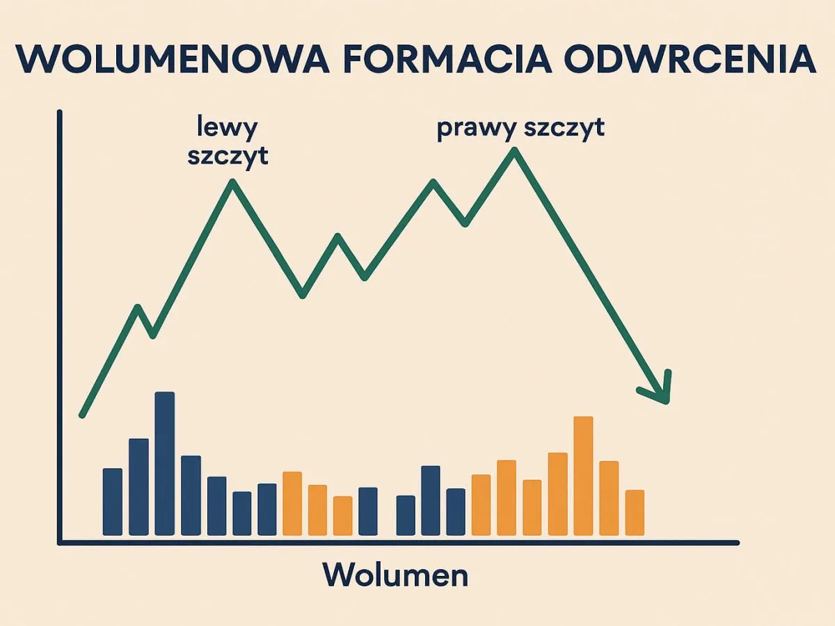 Formacja odwr&oacute;cenia z lewym i prawym szczytem. Wykres pokazuje wolumen giełda co to za formacja.